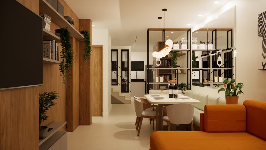 Render 3D de sala de estar com arco e vista para piscina
